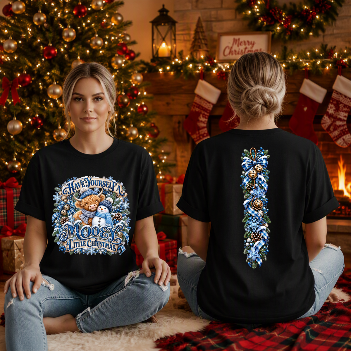 Blue Mooey Christmas T-Shirt Front and abck graphics TheCraftNook