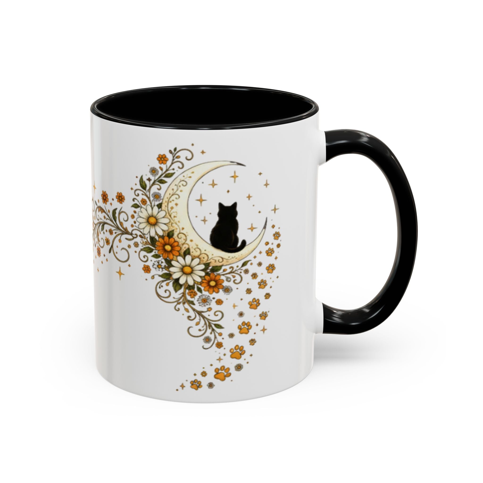 Purranormal Activity Accent Coffee Mug — Black Cat Crescent Moon Floral 11/15oz