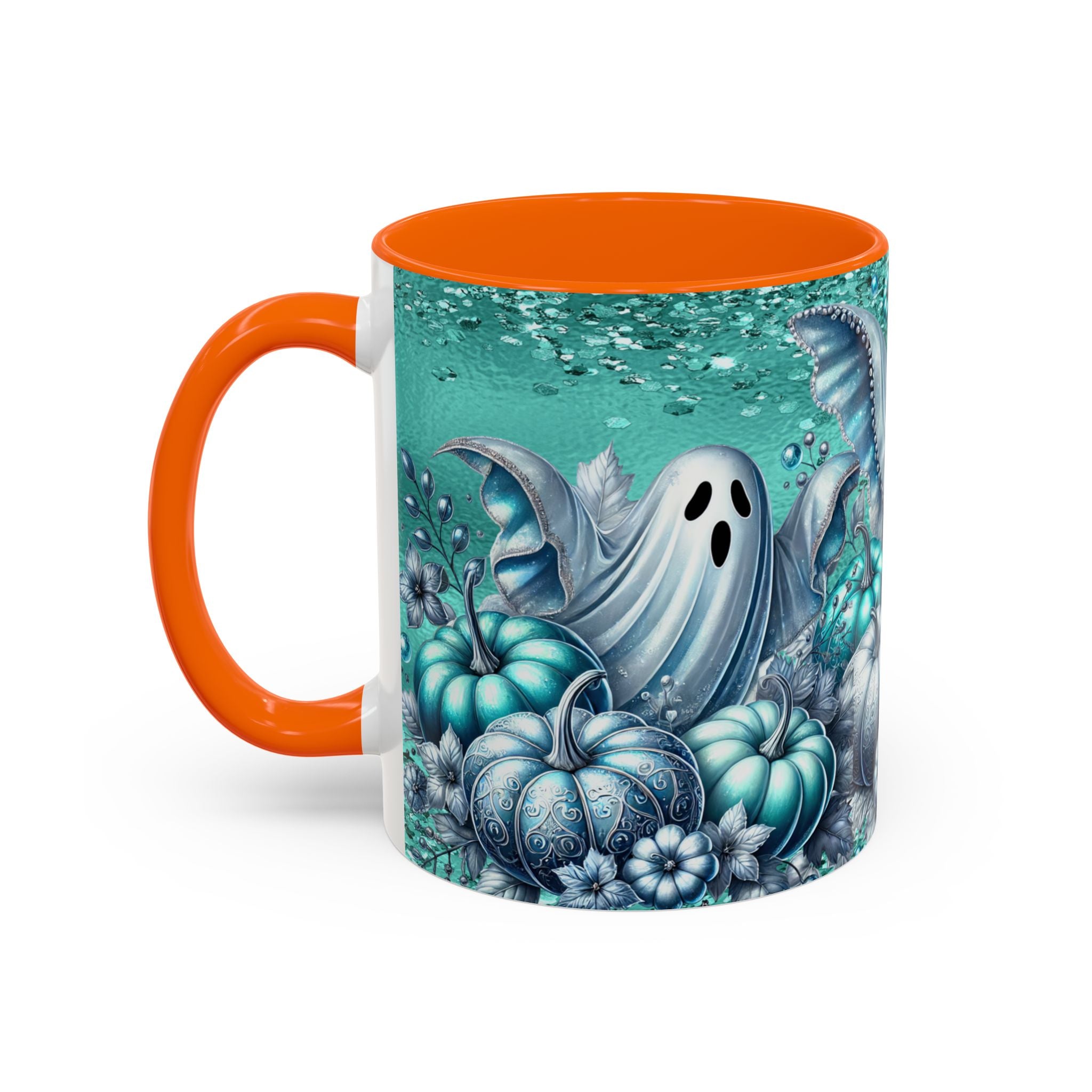 Teal Ghosts & Pumpkins Coffee Mug — Halloween Accent Mug (11/15 oz)
