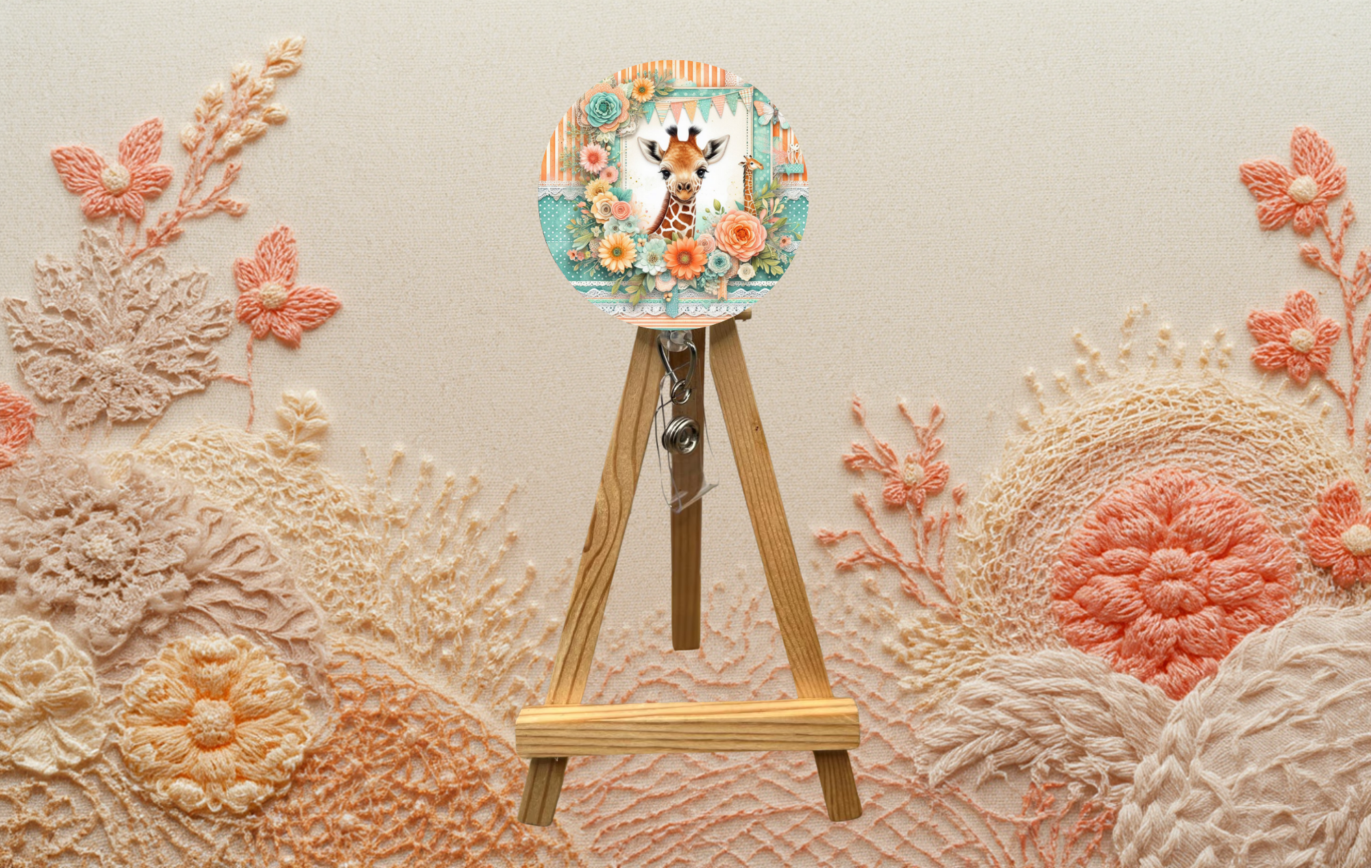 Giraffe badge pulls with glitter displayed on a wooden easel surrounded by floral embroidery.