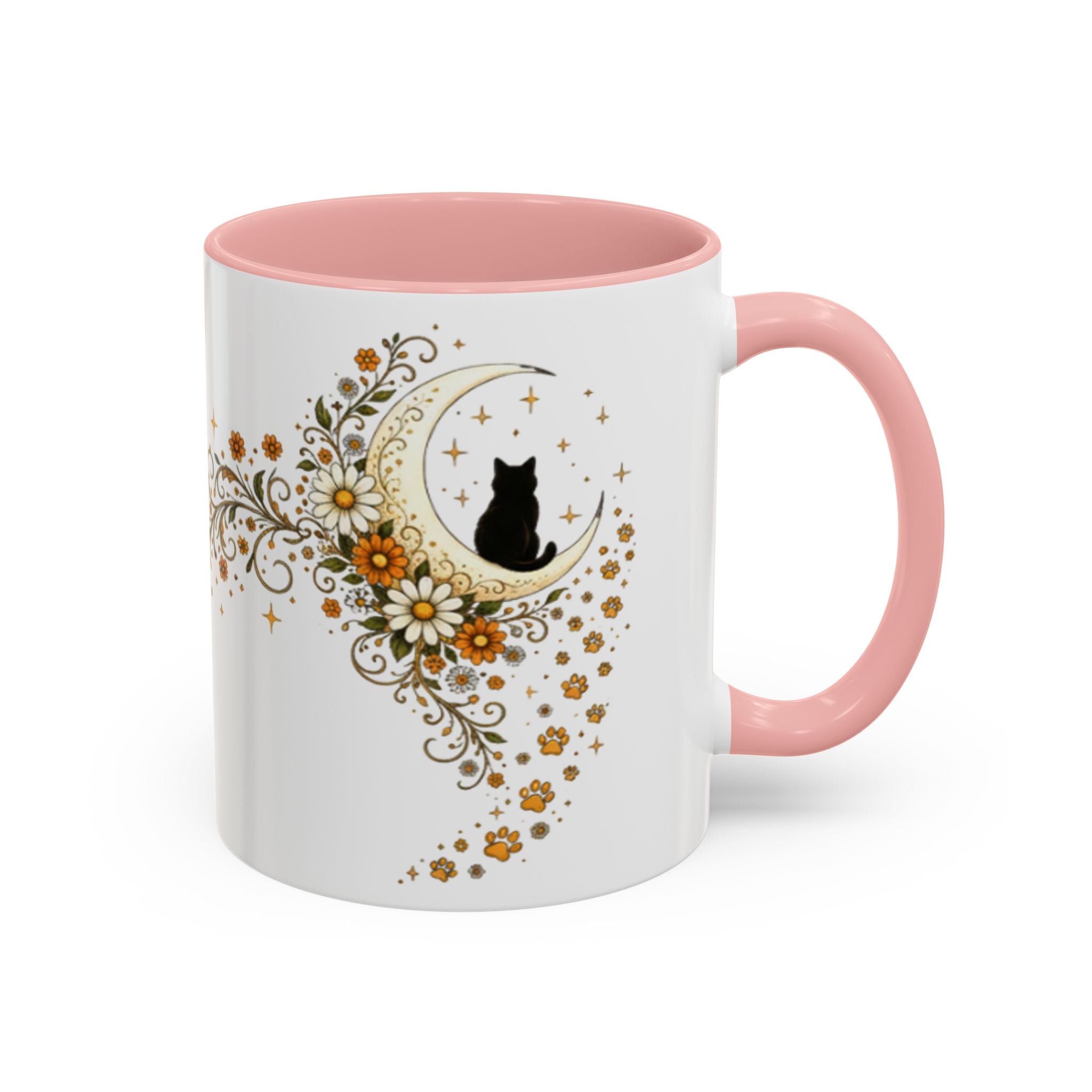 Purranormal Activity Accent Coffee Mug — Black Cat Crescent Moon Floral 11/15oz