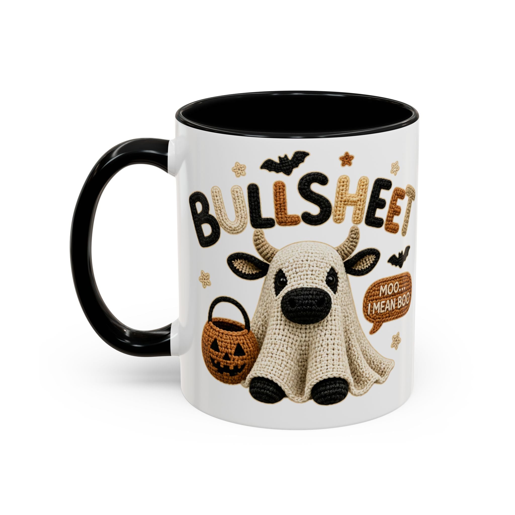 Bullsheet Faux Crochet Accent Coffee Mug — Cute Ghost Cow Trick-or-Treat Design (11oz)