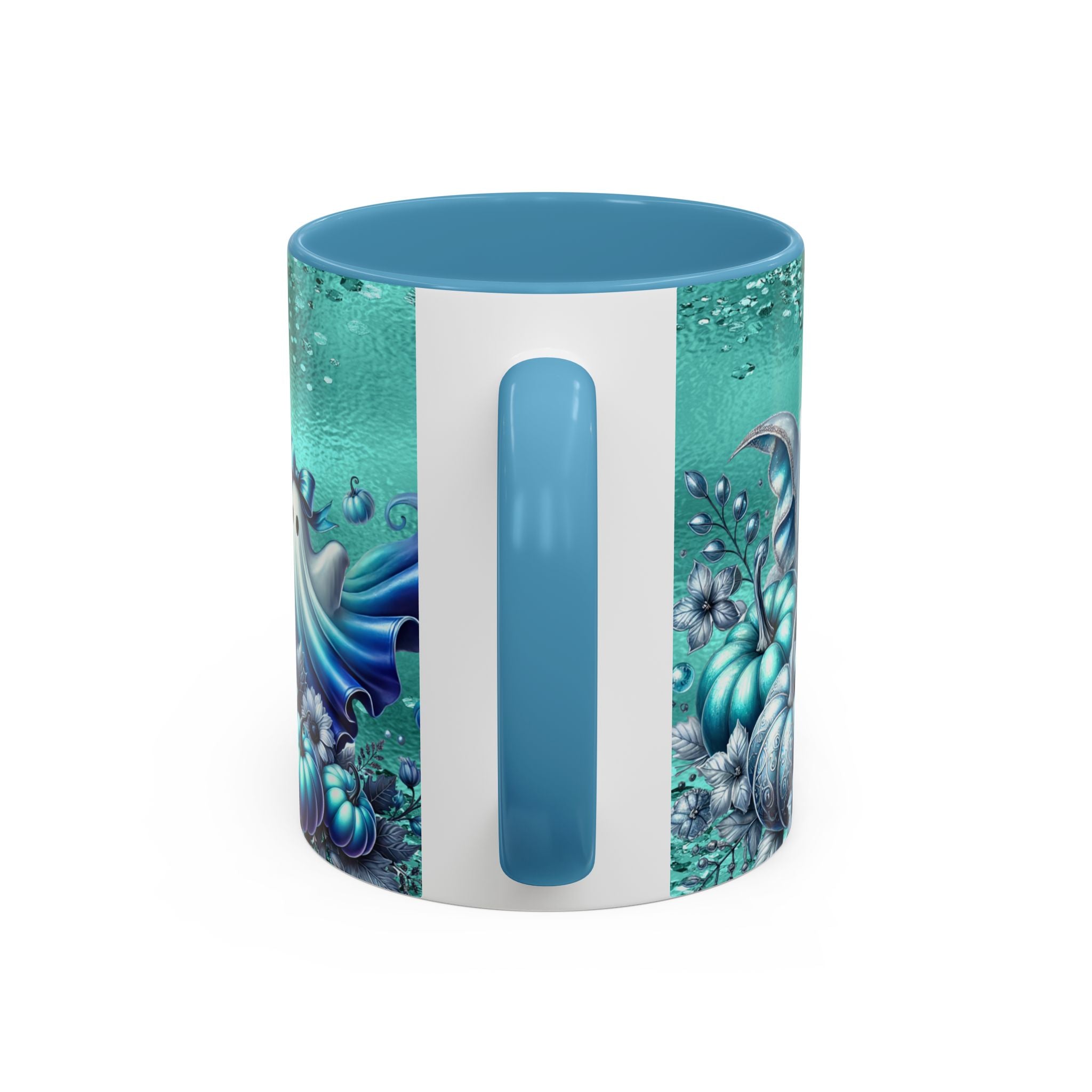 Teal Ghosts & Pumpkins Coffee Mug — Halloween Accent Mug (11/15 oz)