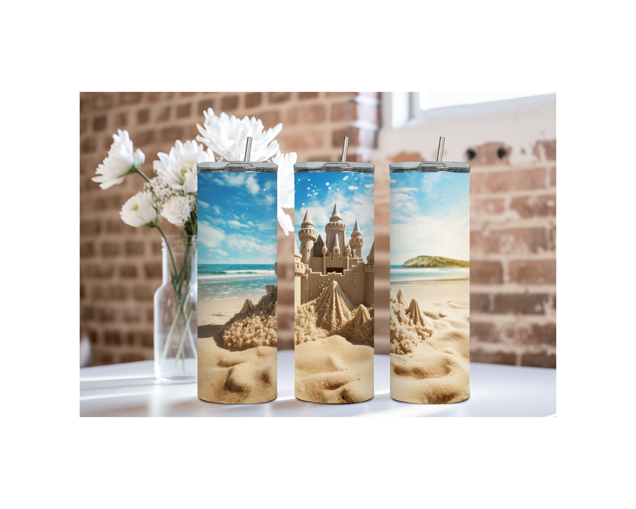 Three beach stainless steel tumblers featuring vibrant beach scenes with sandcastles and ocean views.