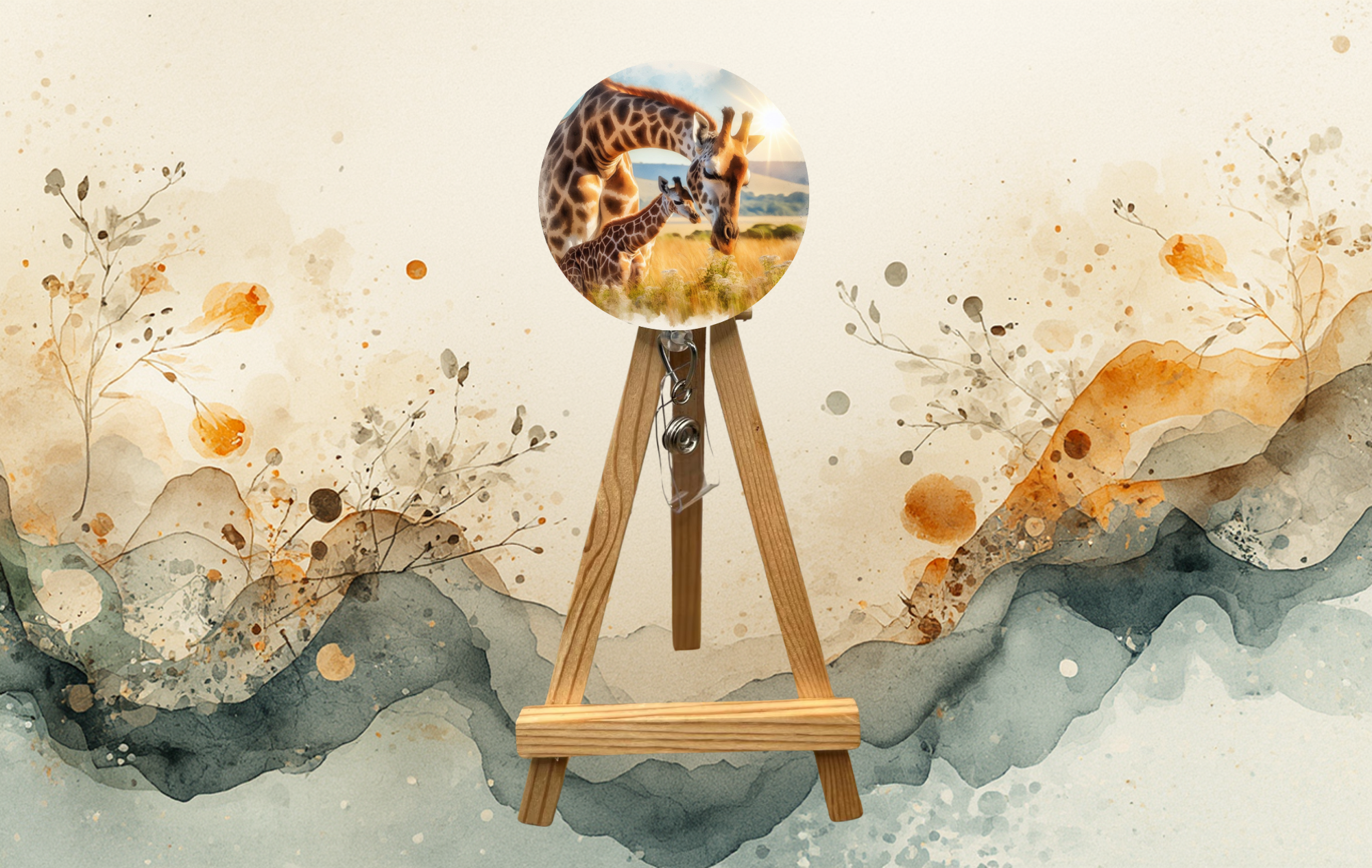 Giraffe badge pulls with glitter displayed on a wooden easel against a colorful watercolor background.