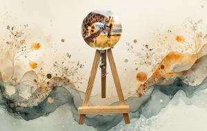 Giraffe badge pulls with glitter displayed on a wooden easel against a colorful watercolor background.