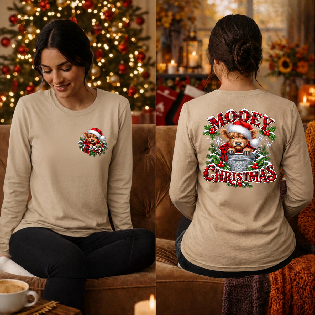 Mooey Christmas Long Sleeve Tee Pockey and BAck Graphics TheCraftNook