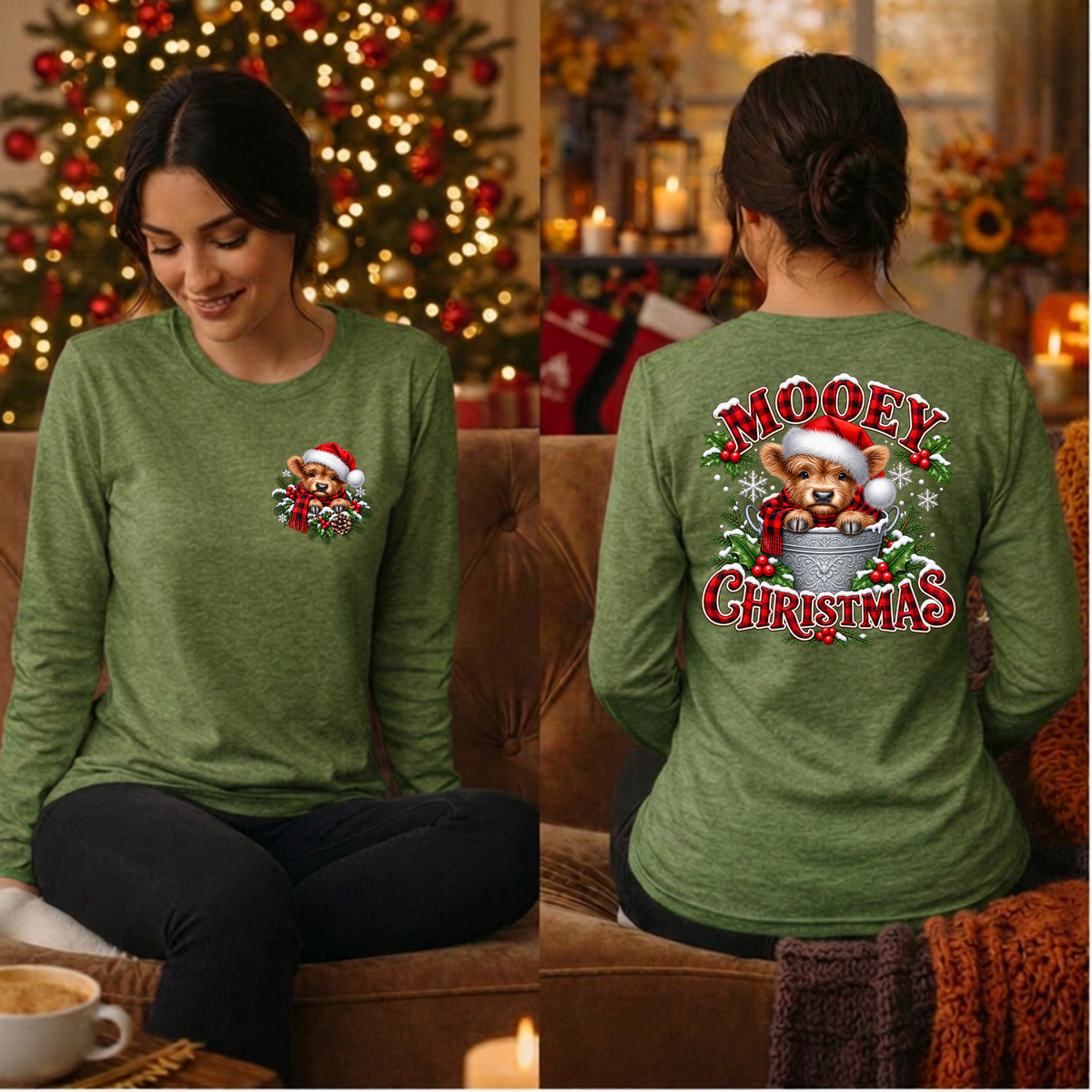 Mooey Christmas Long Sleeve Tee Pockey and BAck Graphics TheCraftNook