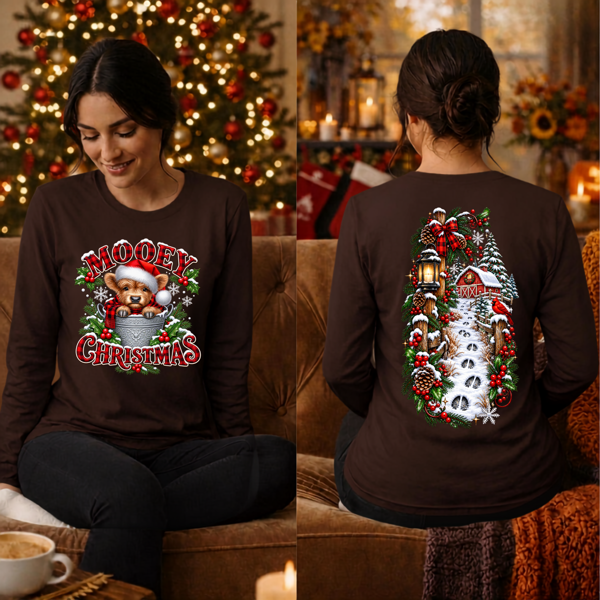 Mooey Christmas Long Sleeve Tee Front and Back Graphics TheCraftNook