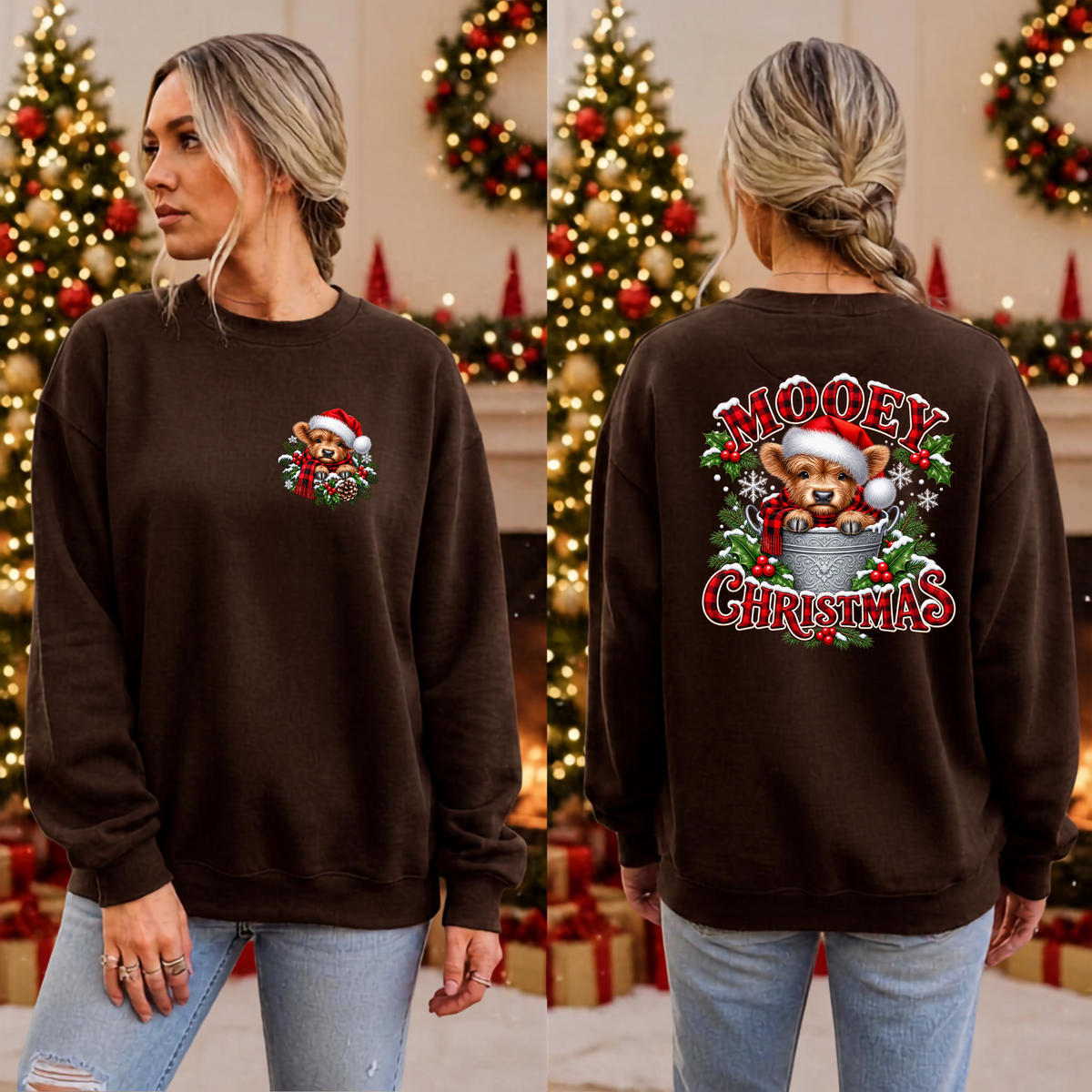 Mooey Christmas Sweatshirt Pocket and Back Graphic TheCraftNook
