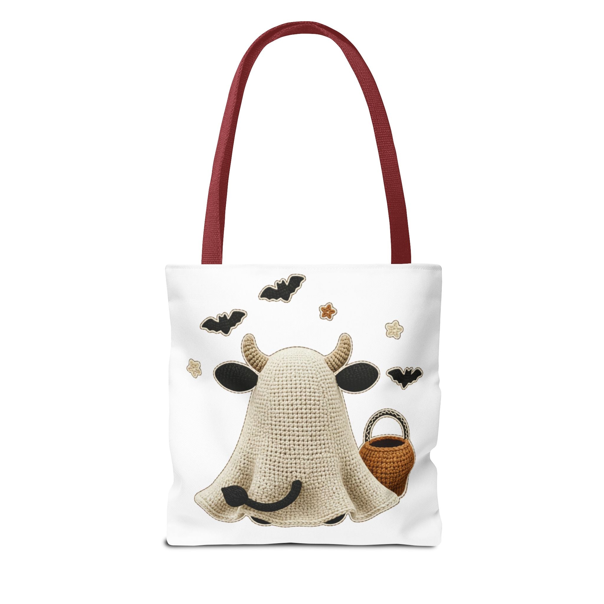 Bullsheet Halloween Faux Crochet Tote Bag — Cute Cow Ghost Trick-or-Treat Bag