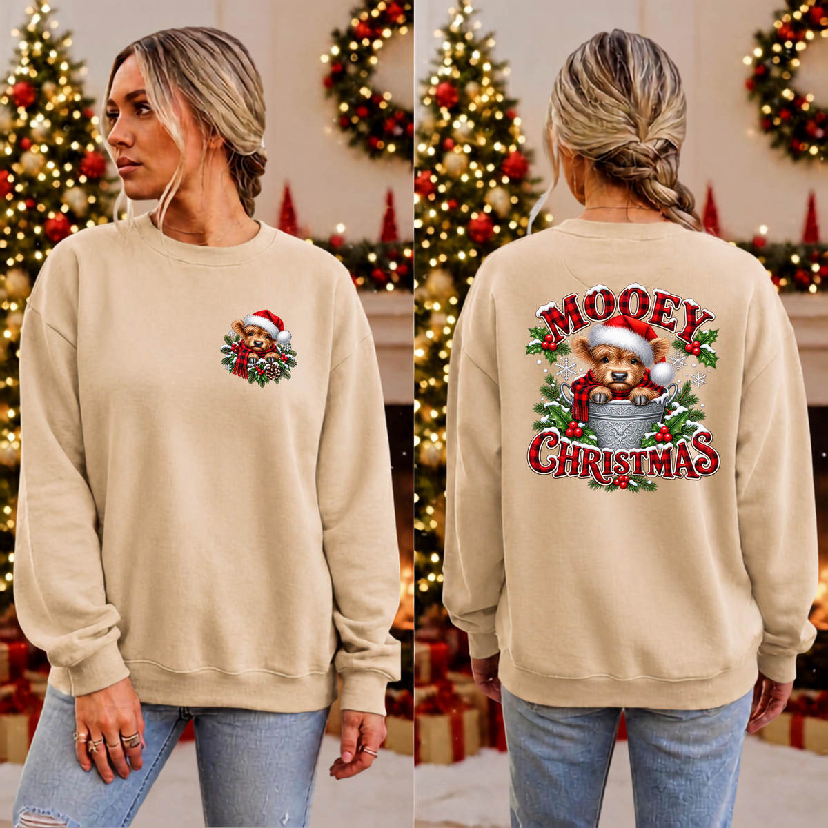 Mooey Christmas Sweatshirt Pocket and Back Graphic TheCraftNook