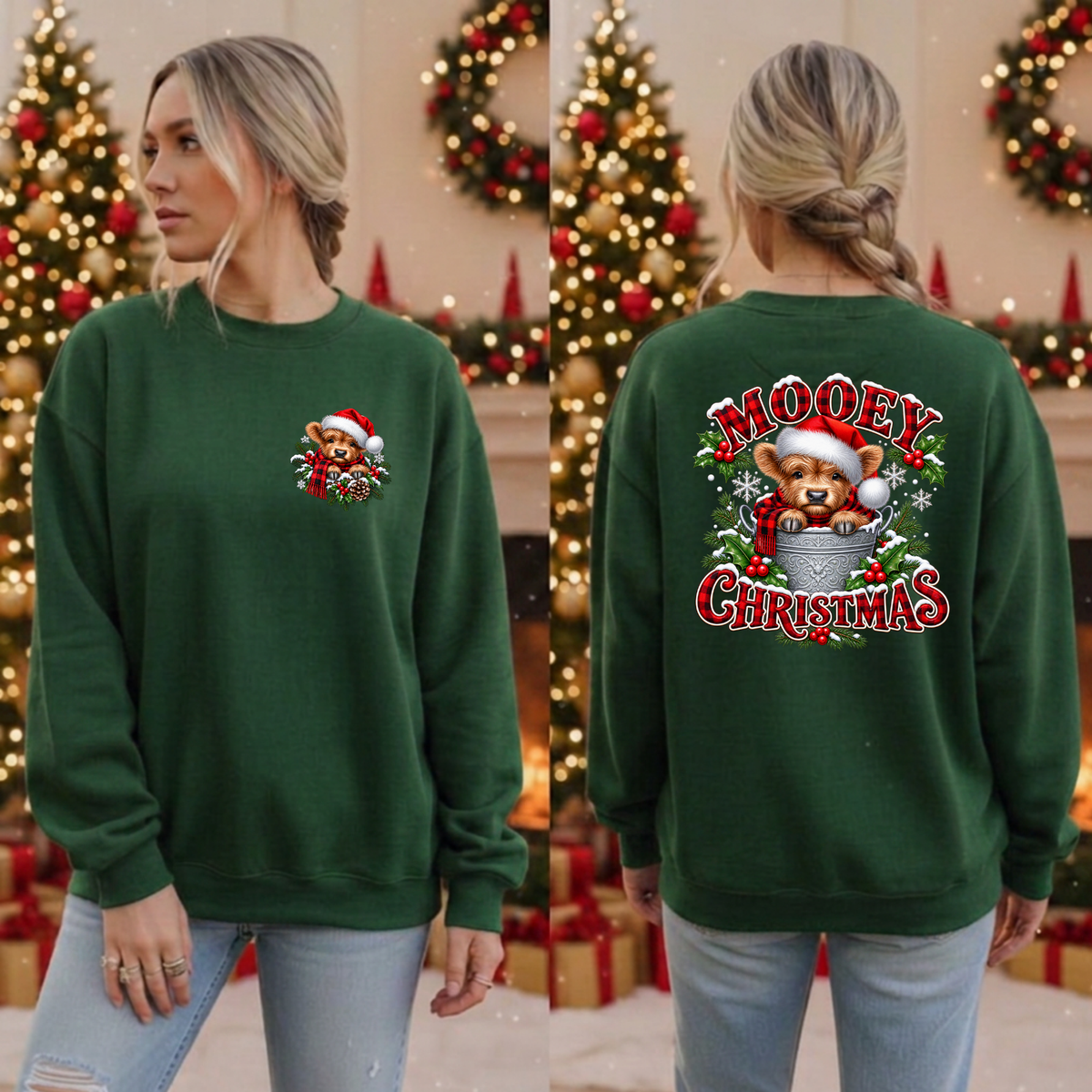 Mooey Christmas Sweatshirt Pocket and Back Graphics TheCraftNook