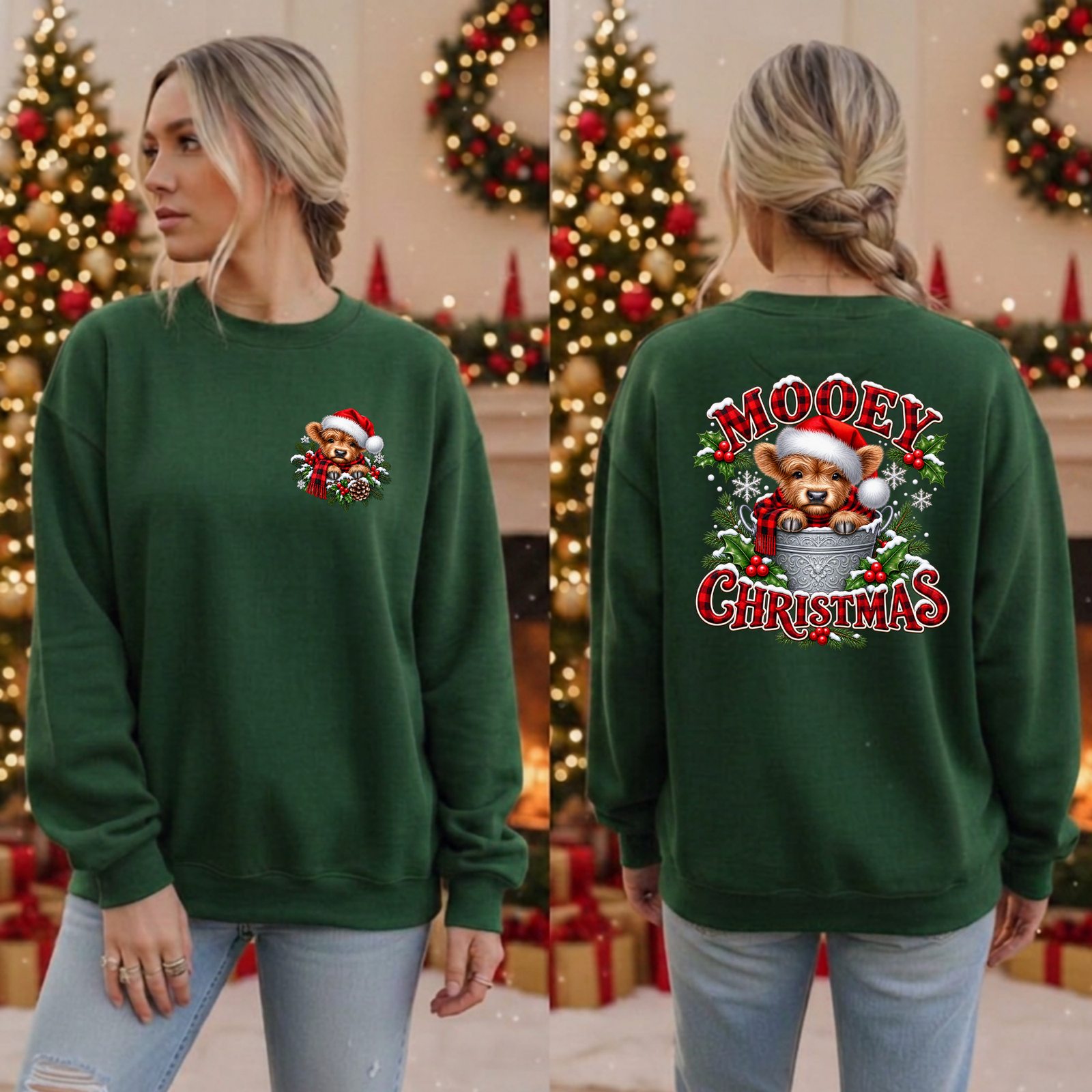 Mooey Christmas Sweatshirt Pocket and Back Graphics TheCraftNook