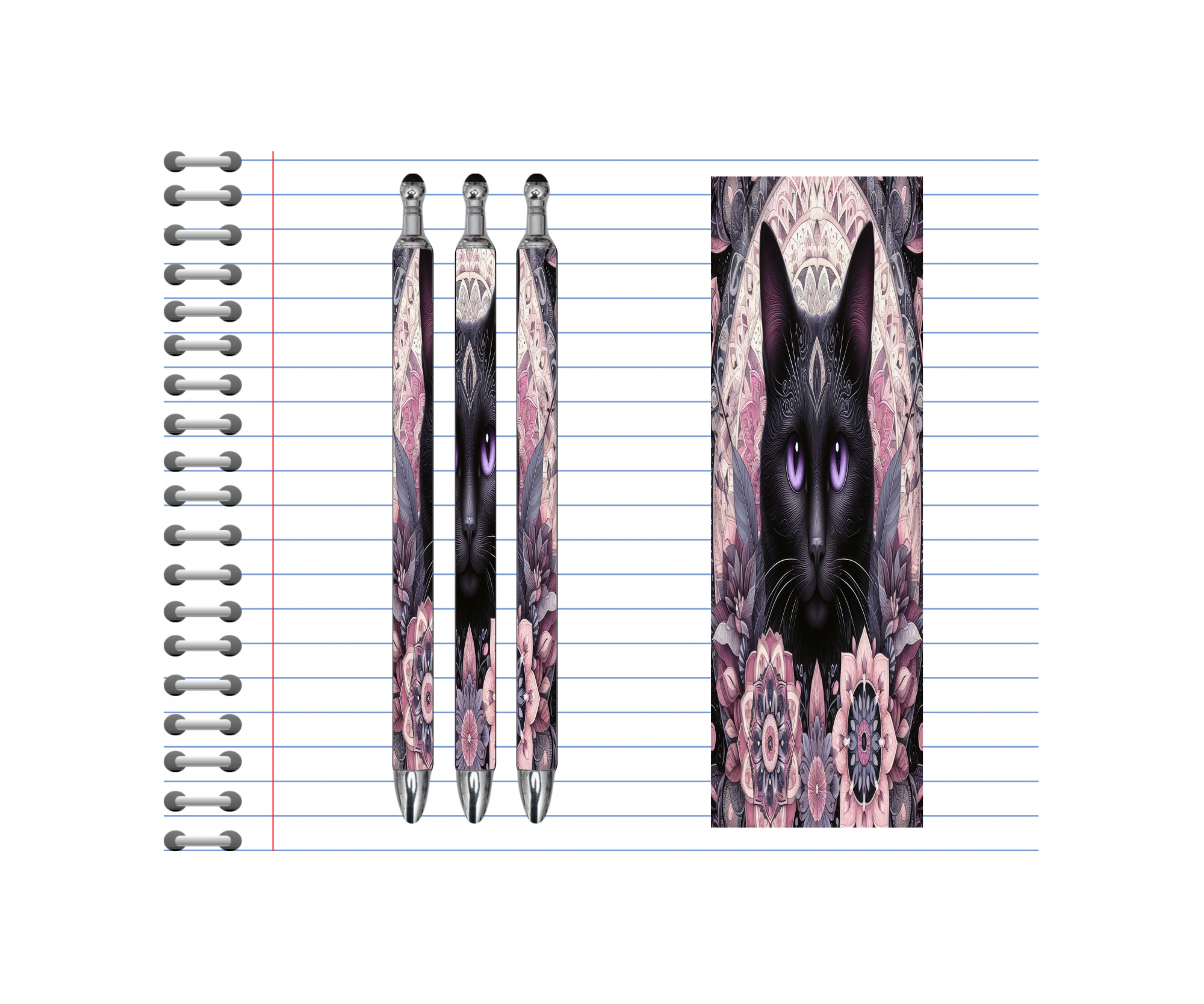 Cute cat refillable pens with striking black cat design and floral accents on a lined notebook background.