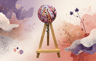Giraffe badge pulls with glitter showcased on a wooden easel against an artistic background.