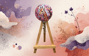 Giraffe badge pulls with glitter showcased on a wooden easel against an artistic background.