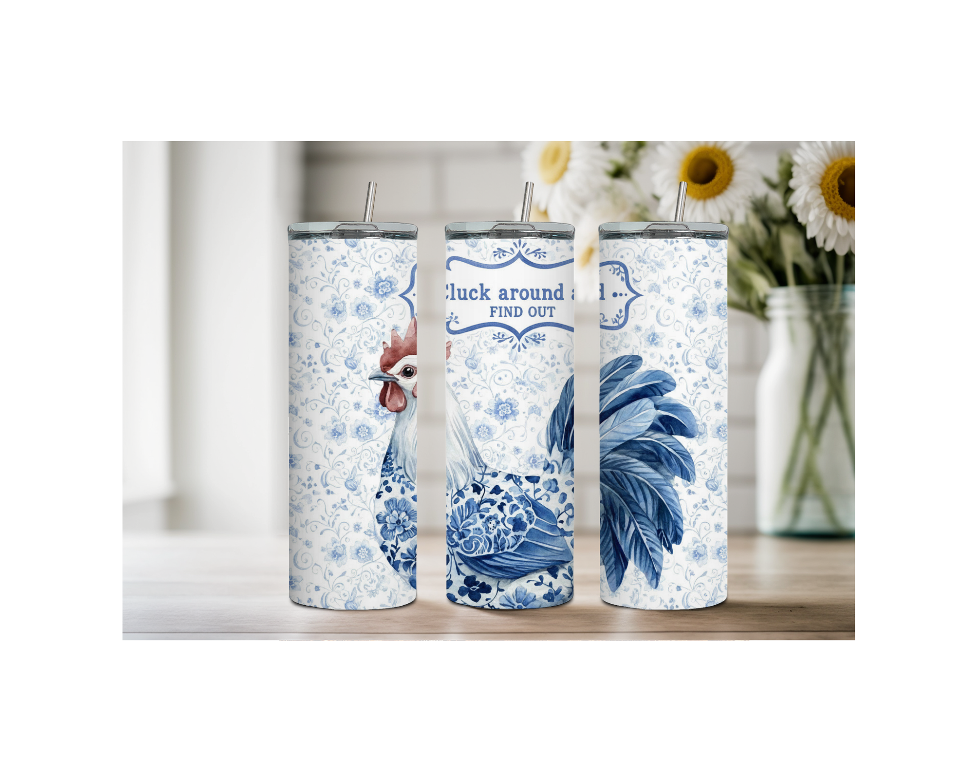 Three chicken stainless steel tumblers with whimsical designs and cheerful artwork, ideal for farm-themed decor.