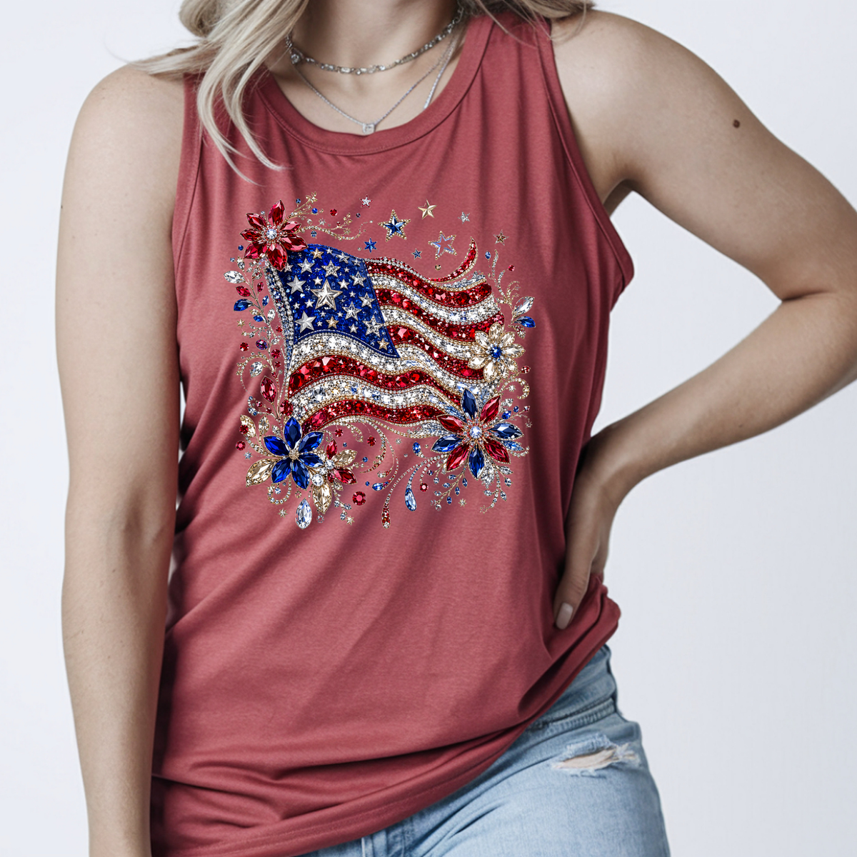 Faux Rhinestone American Flag Tank Top | Patriotic Sparkle Tank TheCraftNook