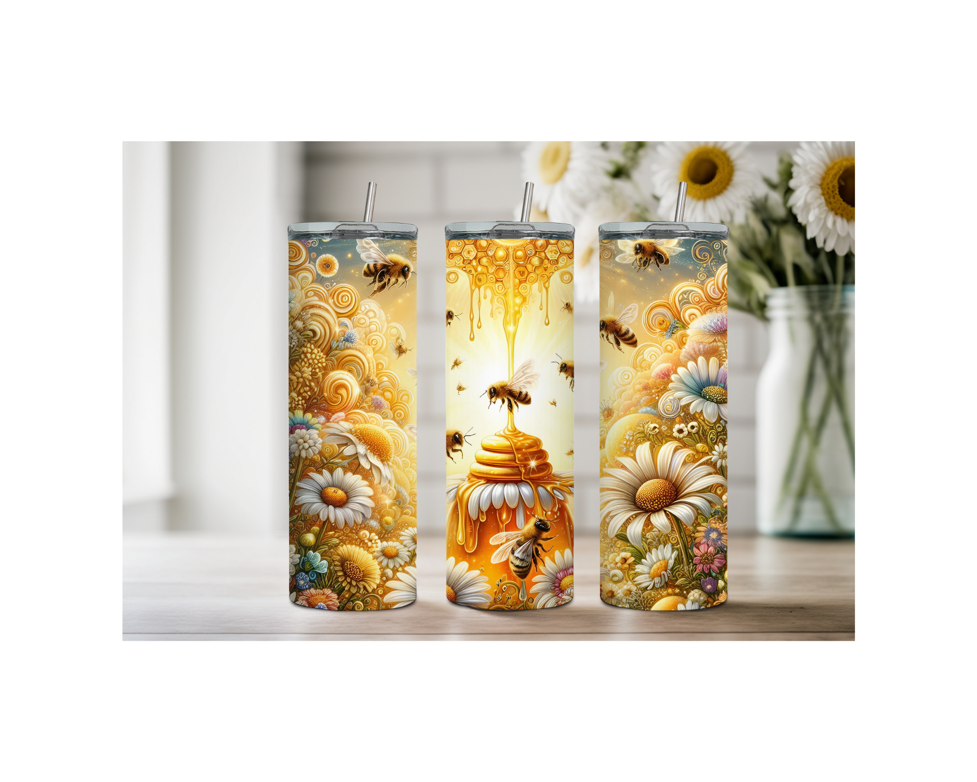 Three 40 and 30 oz honeybee stainless steel tumblers featuring cheerful bee and floral designs.