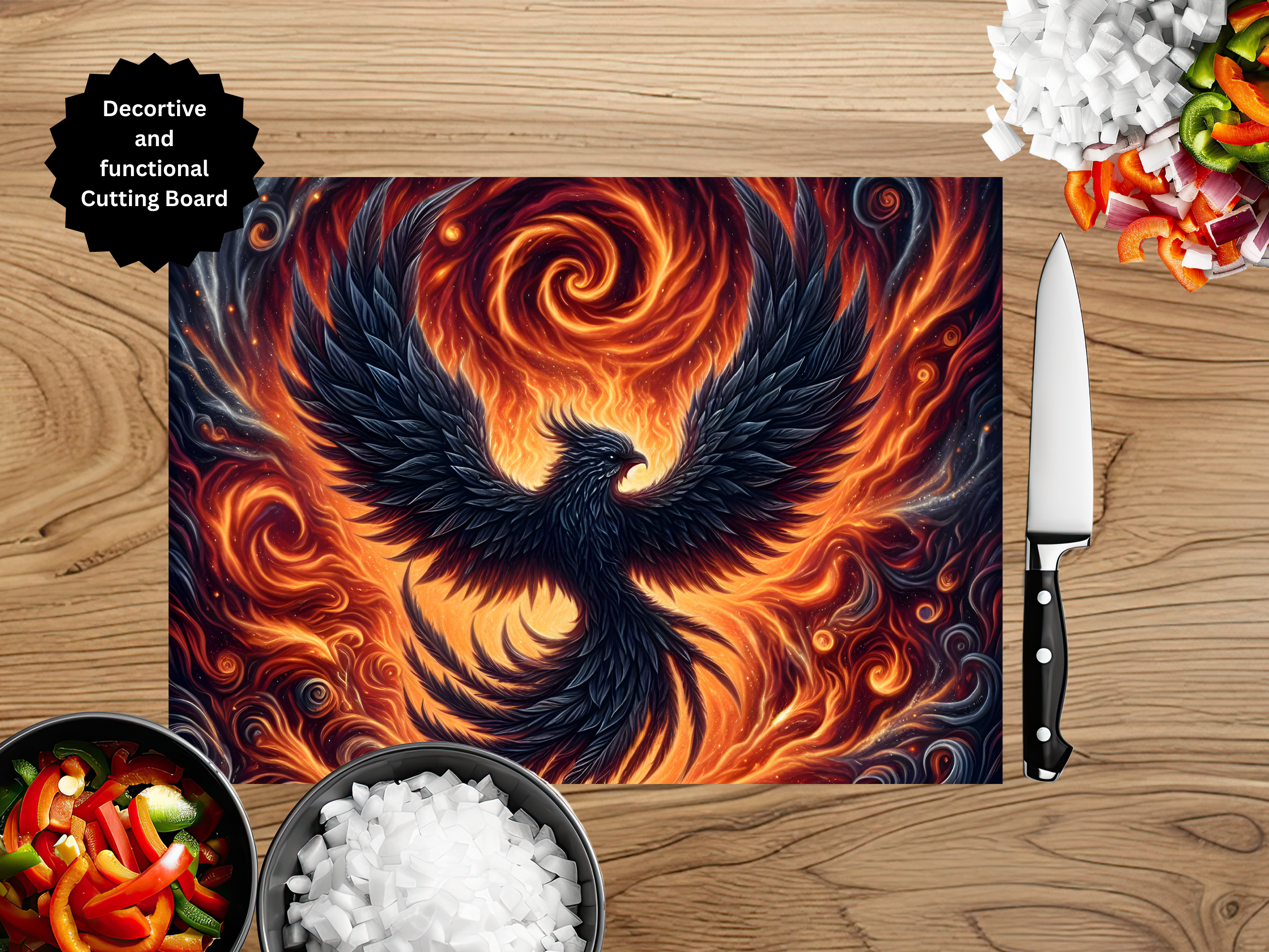Decorative cutting board with a phoenix design on a wooden surface with a knife and ingredients.