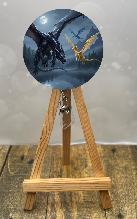 Dragon badge pull reel featuring vibrant dragons over a serene lake, perfect for adding fantasy flair to your workday.