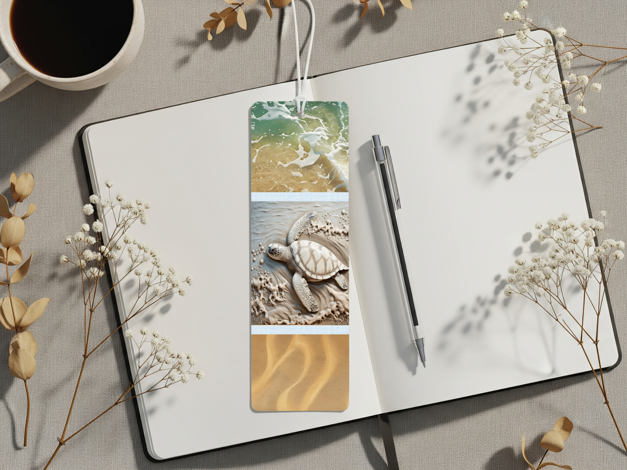 Sea turtle aluminum bookmarks featuring ocean designs on a notebook with a coffee cup.