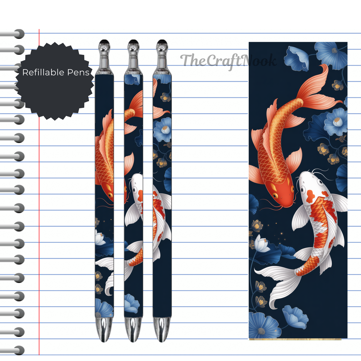 Koi Fish Refillable Pens, multiple options and Images available. TheCraftNook