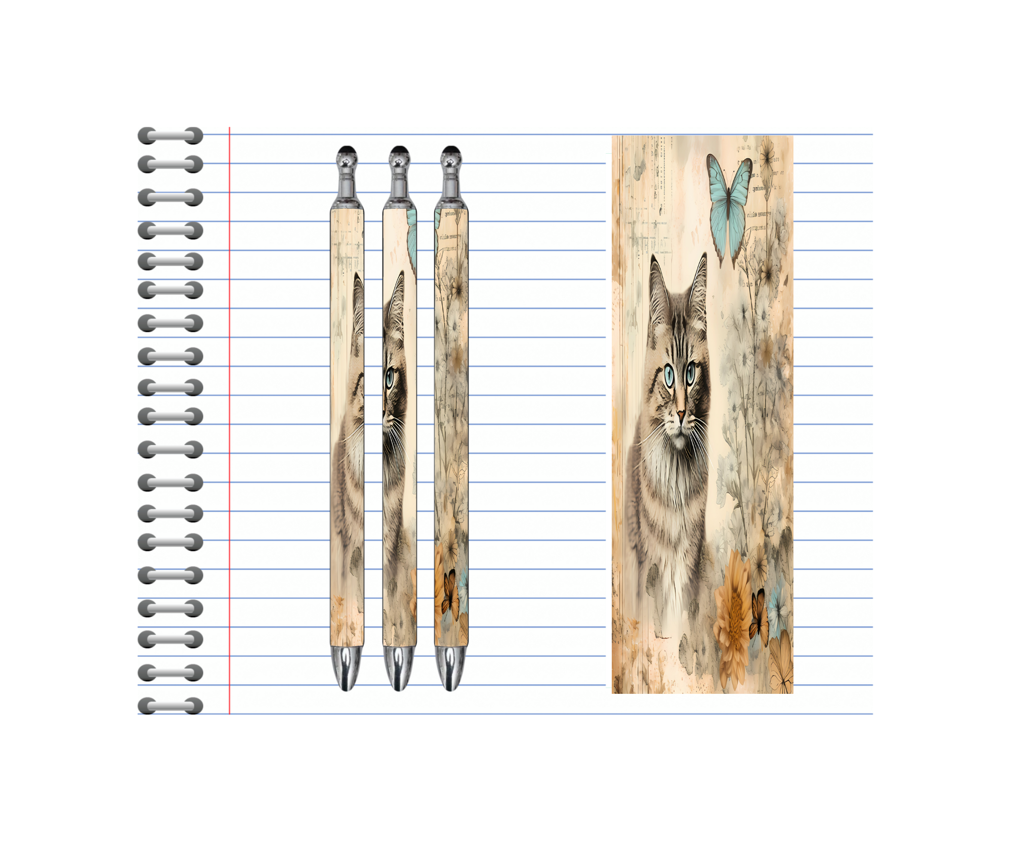 Cute cat refillable pens displayed alongside a charming cat illustration on notebook paper.