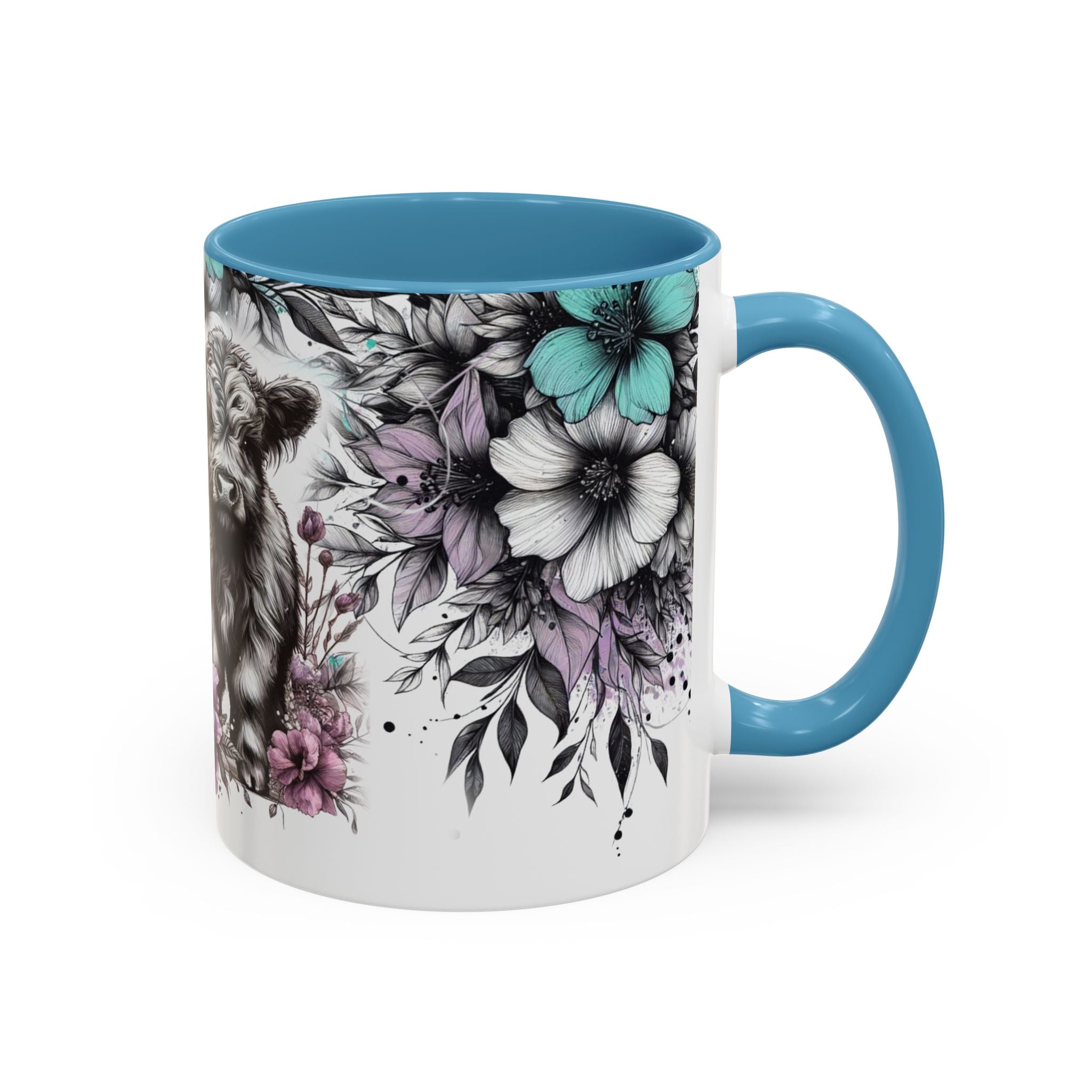 Highland Cow Floral Accent Coffee Mug — Cute Rustic Farmhouse Kitchen Gift