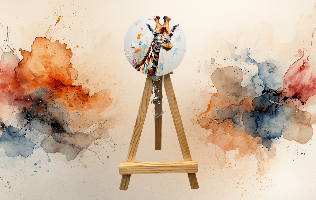 Giraffe badge pulls with glitter displayed on a wooden easel against an artistic watercolor background.
