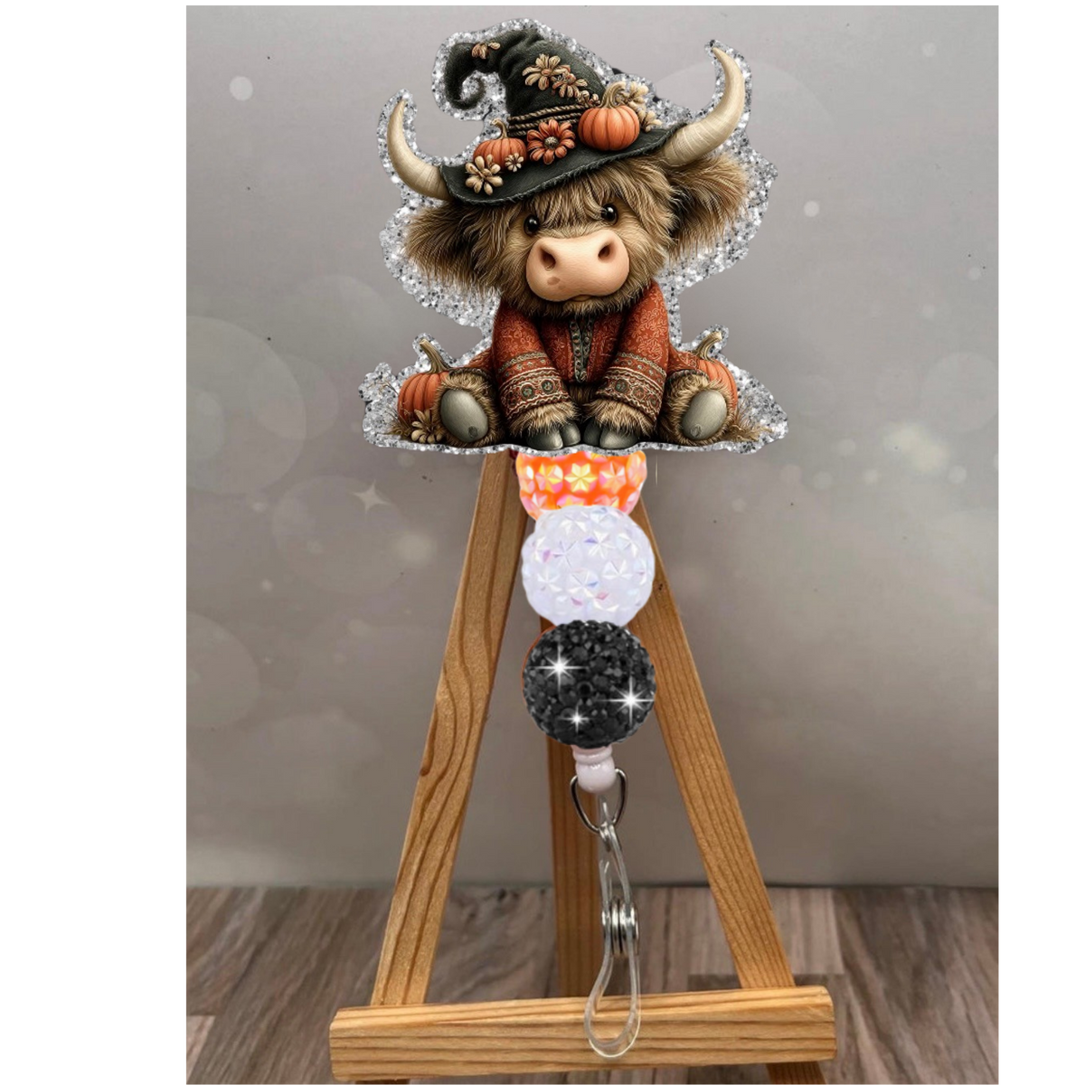 Halloween Highland Cow Badge Pull – Glitter Lanyard Accessory TheCraftNook