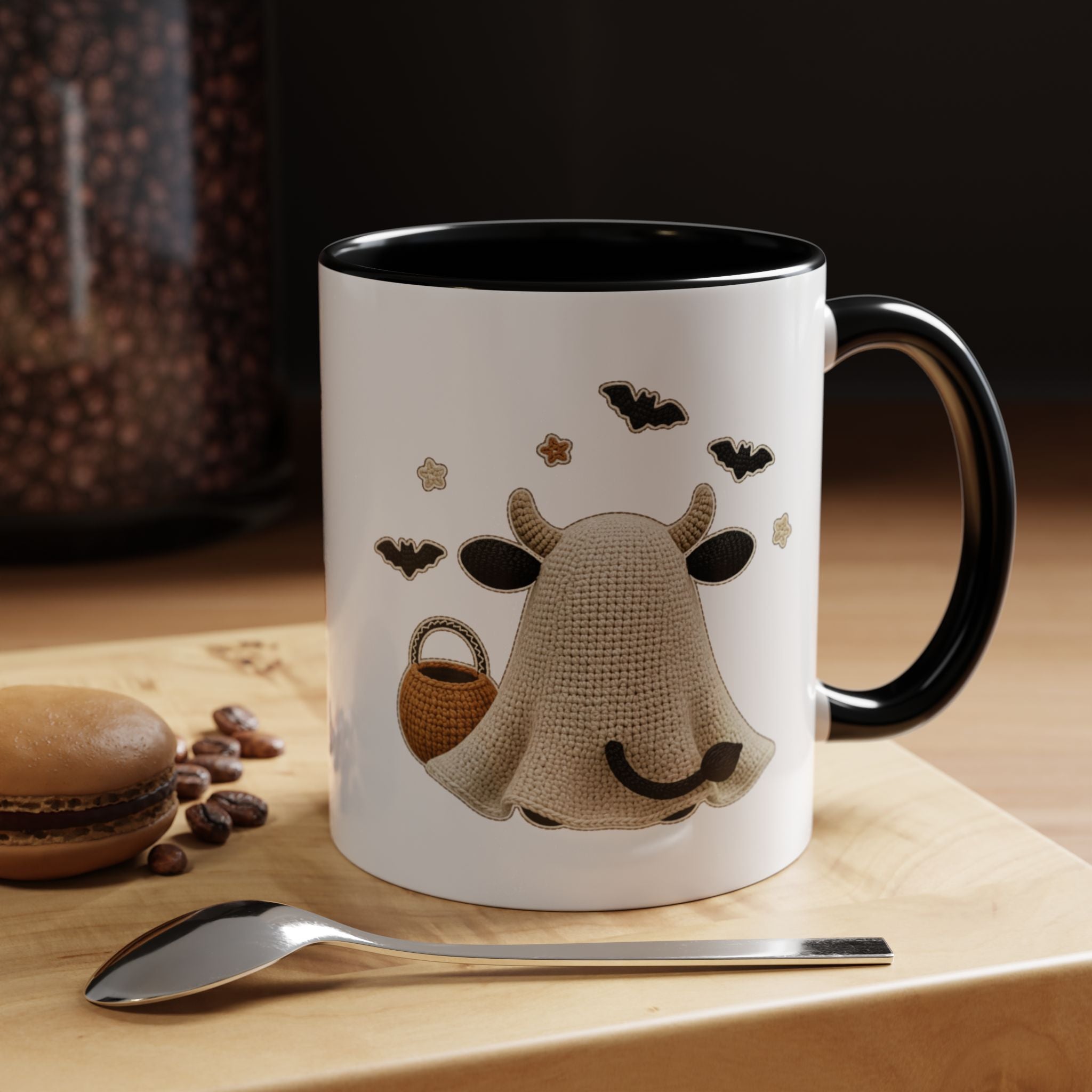 Bullsheet Faux Crochet Accent Coffee Mug — Cute Ghost Cow Trick-or-Treat Design (11oz)