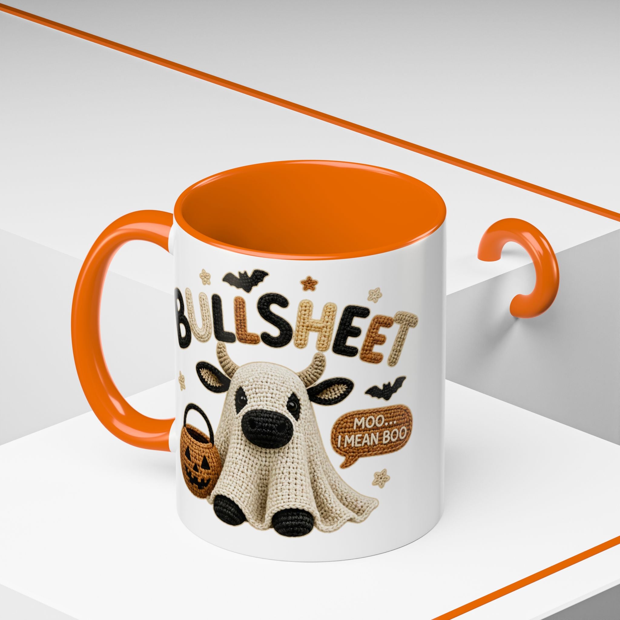 Bullsheet Faux Crochet Accent Coffee Mug — Cute Ghost Cow Trick-or-Treat Design (11oz)