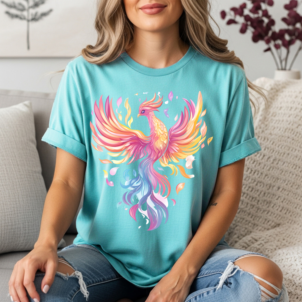 Pastel Phoenix T-Shirt - Soft Mythical Fire Bird Tee in Dreamy Colors TheCraftNook