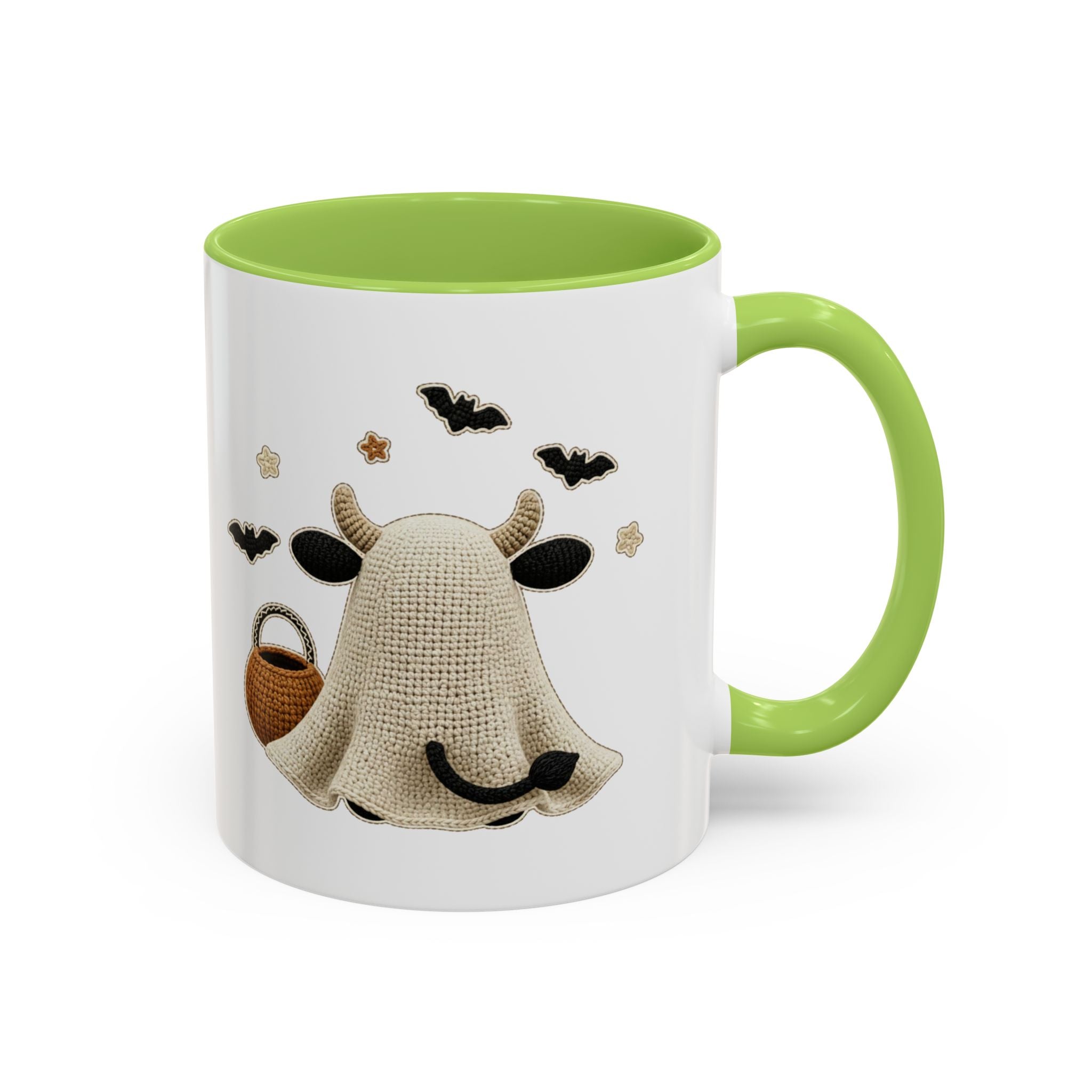 Bullsheet Faux Crochet Accent Coffee Mug — Cute Ghost Cow Trick-or-Treat Design (11oz)