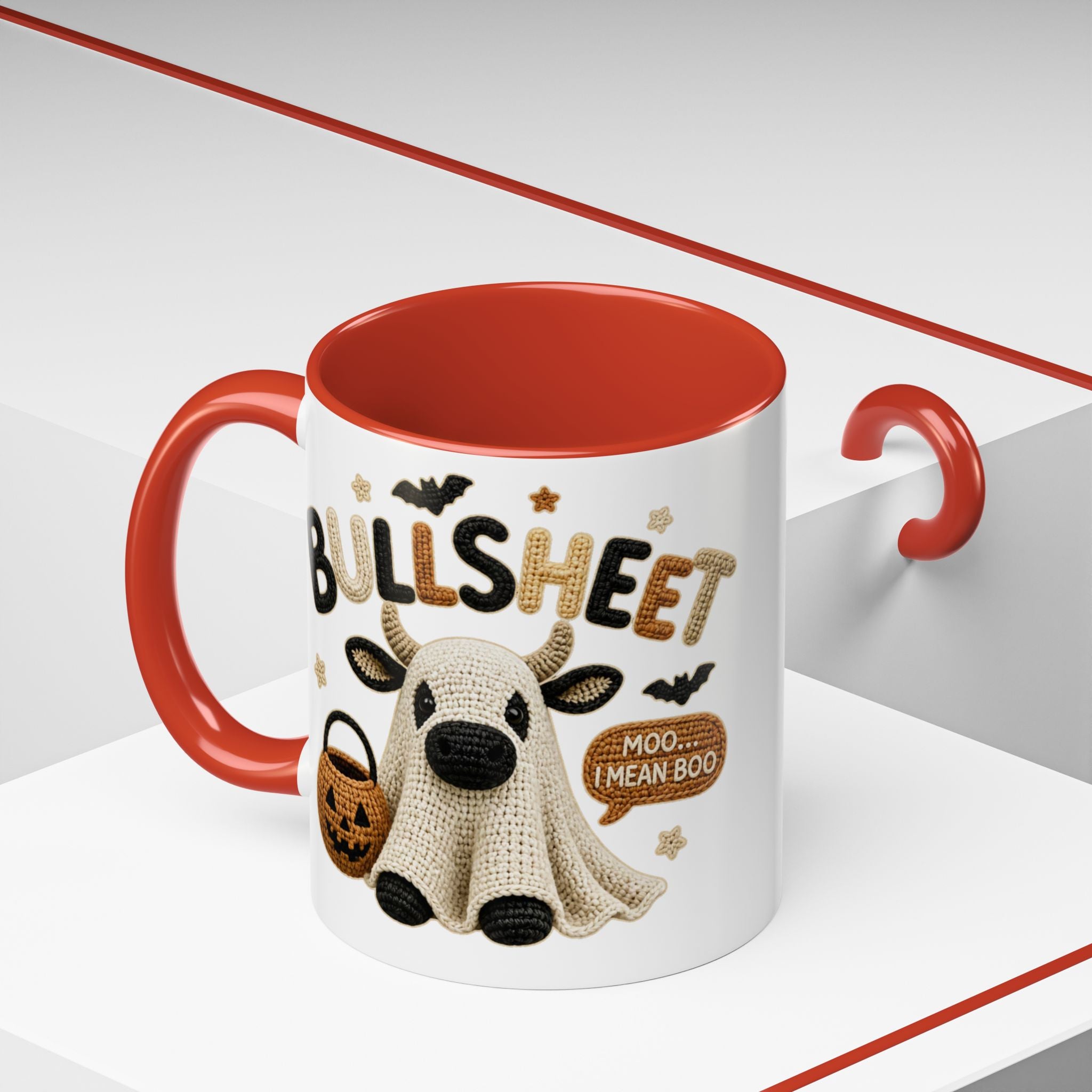 Bullsheet Faux Crochet Accent Coffee Mug — Cute Ghost Cow Trick-or-Treat Design (11oz)