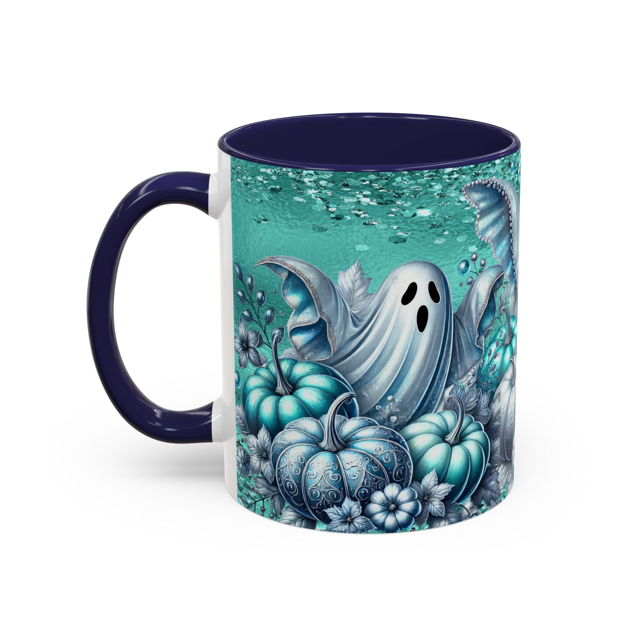 Teal Ghosts & Pumpkins Coffee Mug — Halloween Accent Mug (11/15 oz)