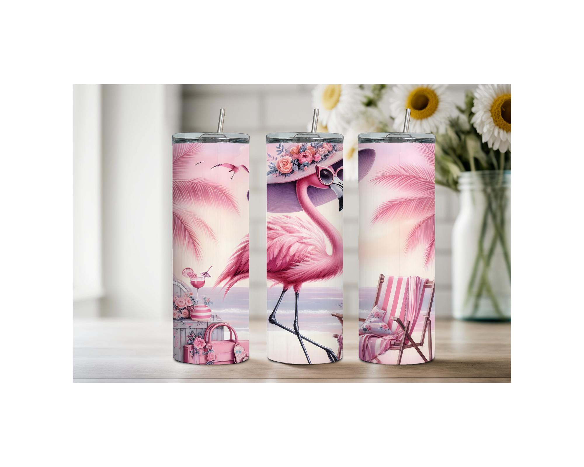 Three 20 oz pink flamingo stainless steel tumblers showcasing bright designs and tropical decor.