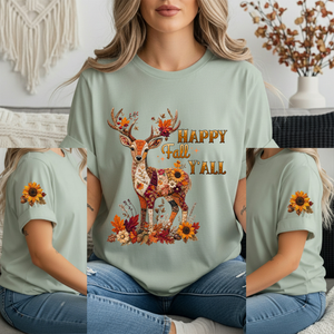 Woodland Deer Patchwork Sleeve Graphic T-shirt TheCraftNook