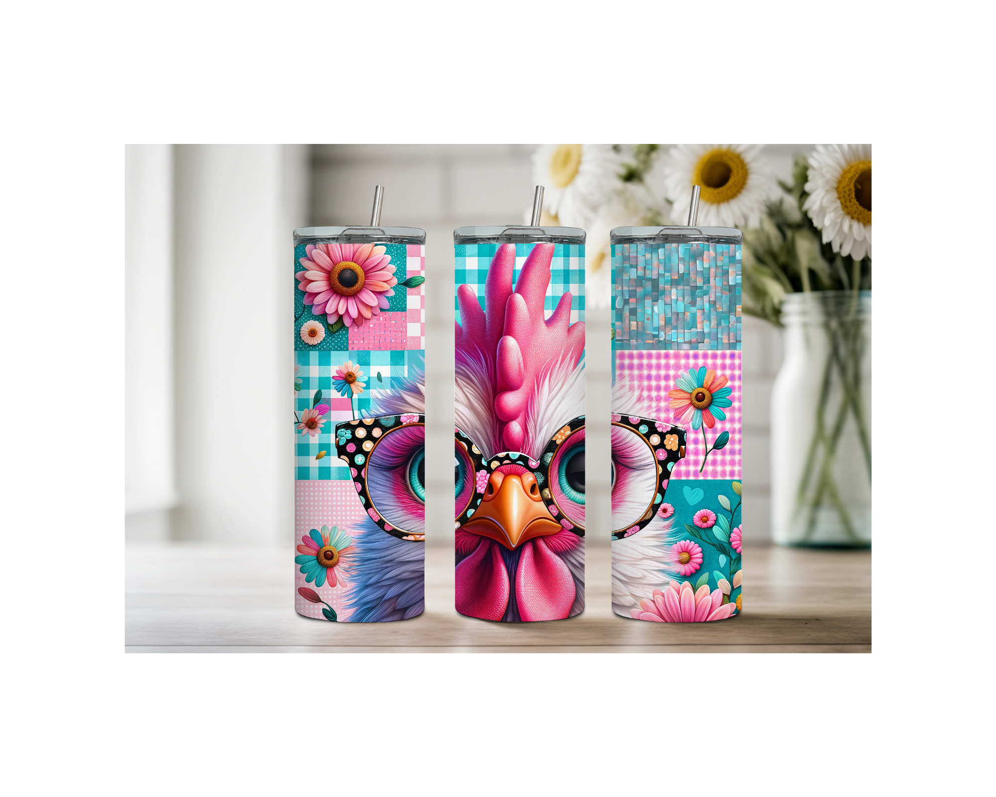 Colorful 20 oz chicken stainless steel tumbler featuring vibrant designs and playful chicken art, perfect for farmhouse charm.