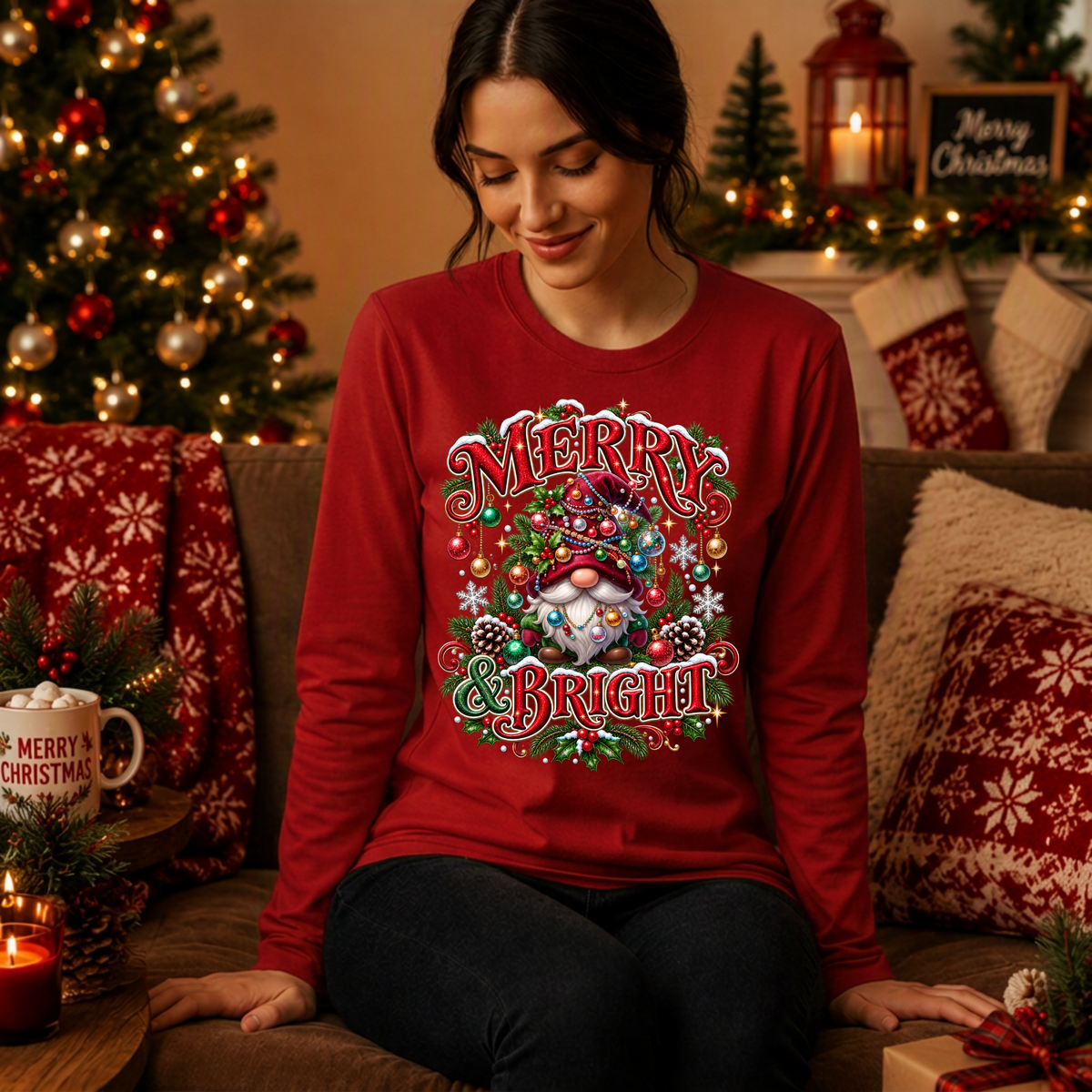 Merry And Bright Gnome Long Sleeve Tee TheCraftNook