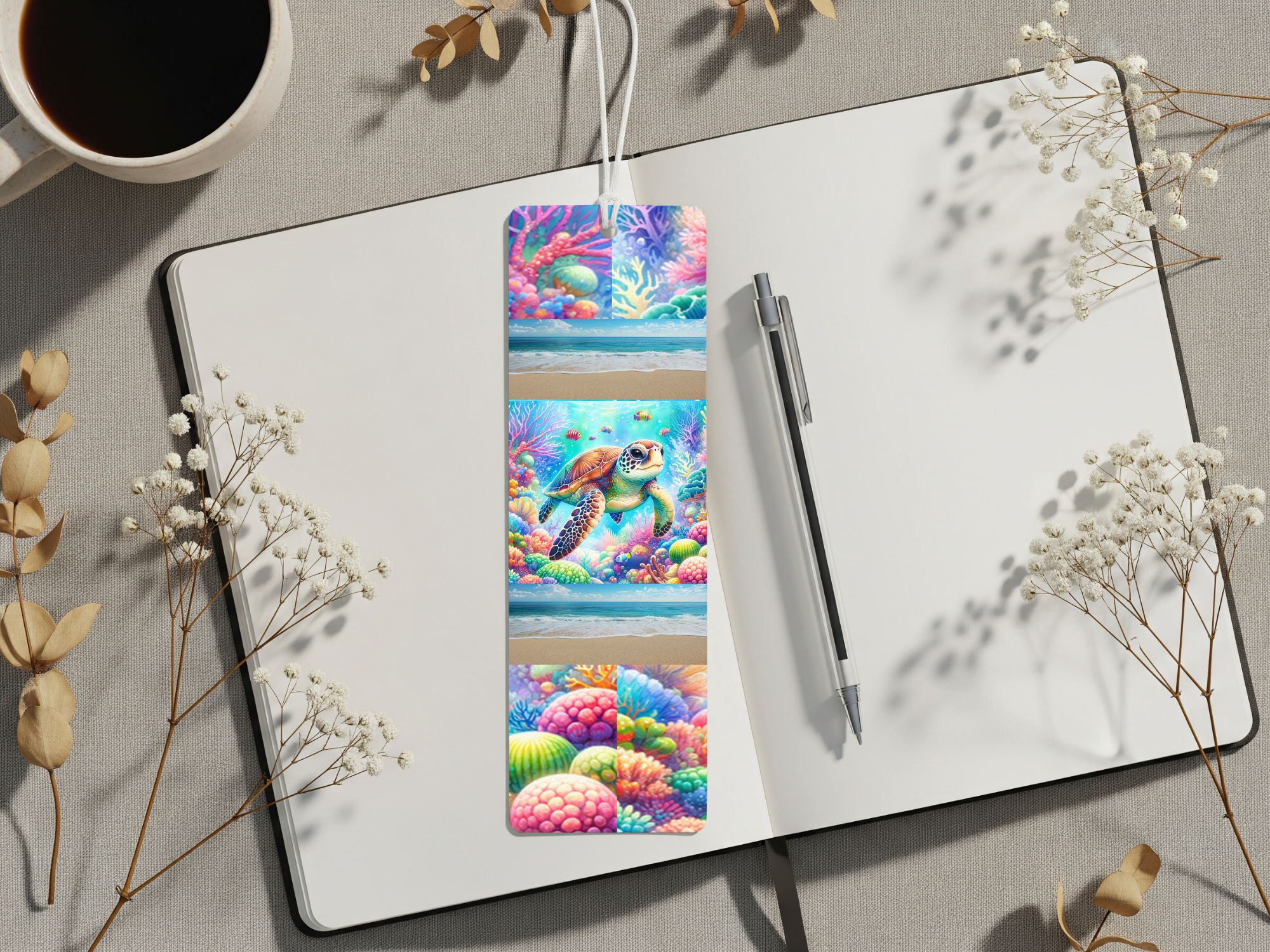 Sea turtle aluminum bookmarks displayed on an open notebook surrounded by flowers and a coffee cup.