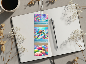 Sea turtle aluminum bookmarks displayed on an open notebook surrounded by flowers and a coffee cup.