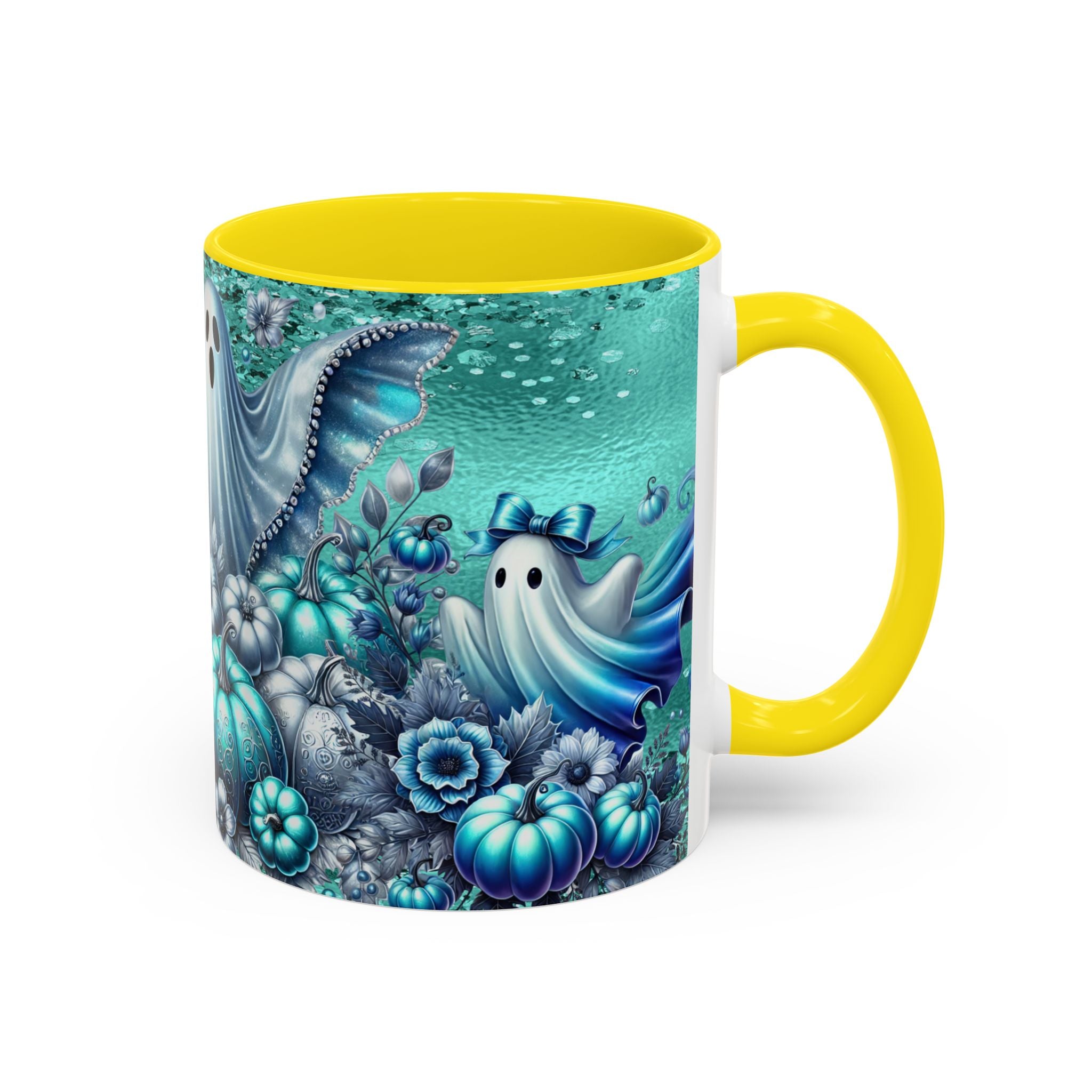 Teal Ghosts & Pumpkins Coffee Mug — Halloween Accent Mug (11/15 oz)