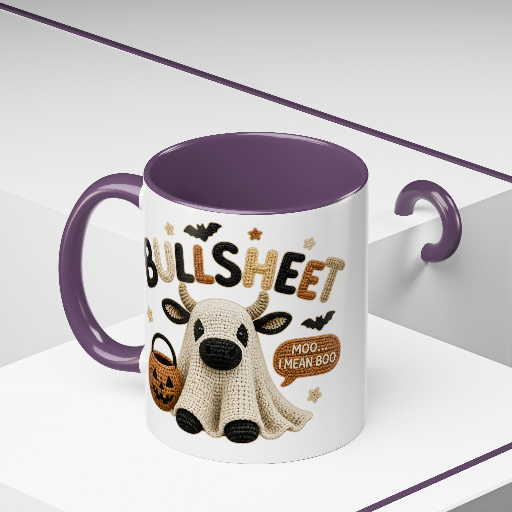 Bullsheet Faux Crochet Accent Coffee Mug — Cute Ghost Cow Trick-or-Treat Design (11oz)