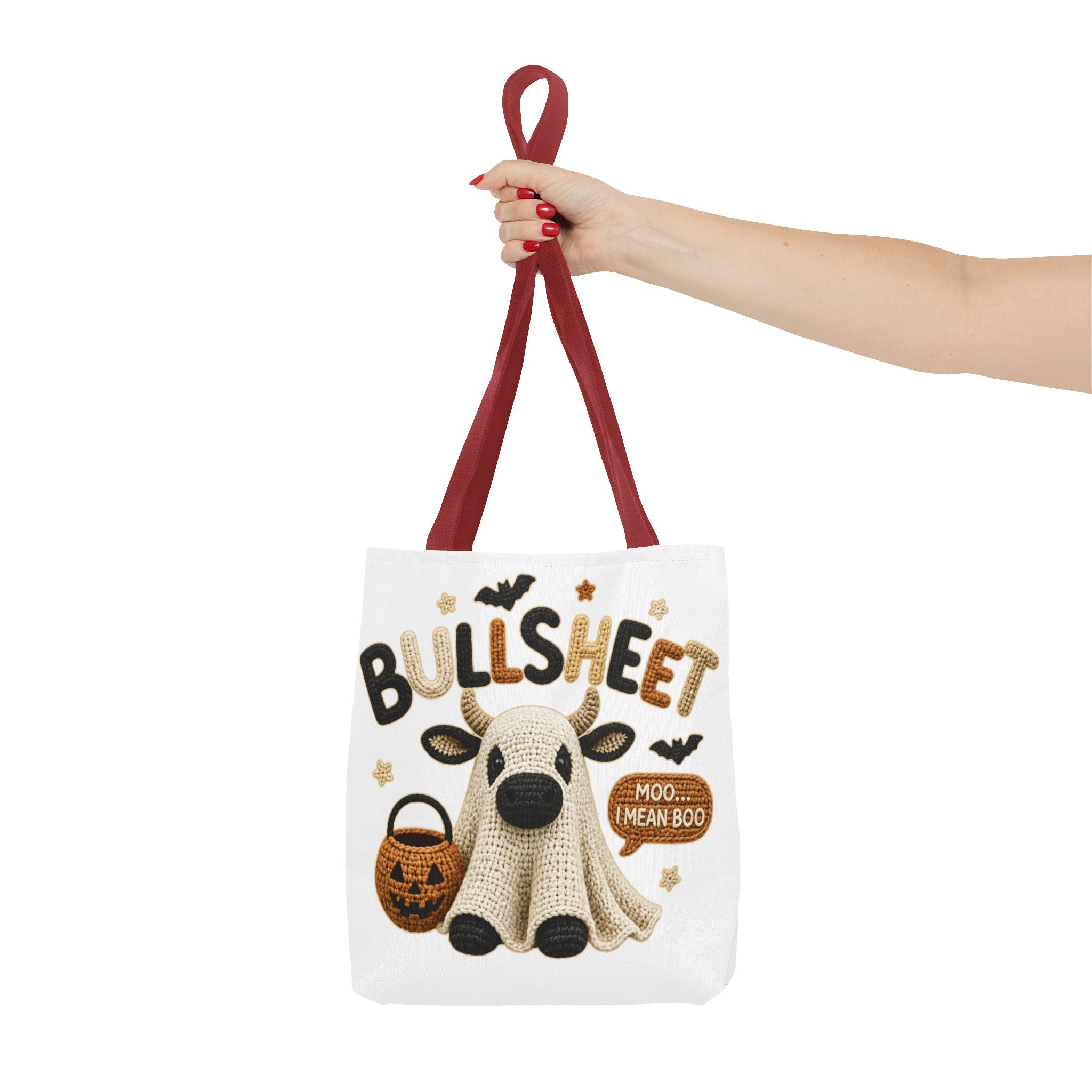 Bullsheet Halloween Faux Crochet Tote Bag — Cute Cow Ghost Trick-or-Treat Bag