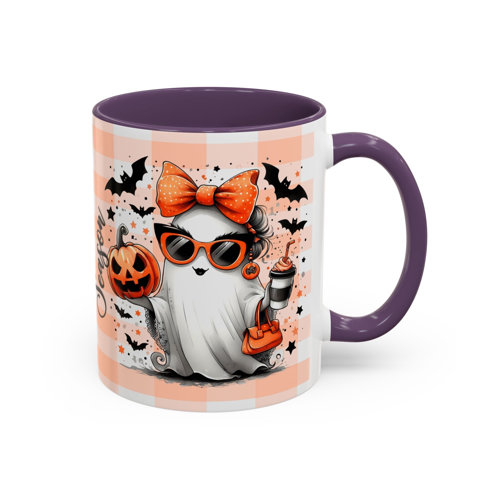 Spooky Season Accent Coffee Mug — Cute Halloween Ghost with Pumpkins (11/15oz)