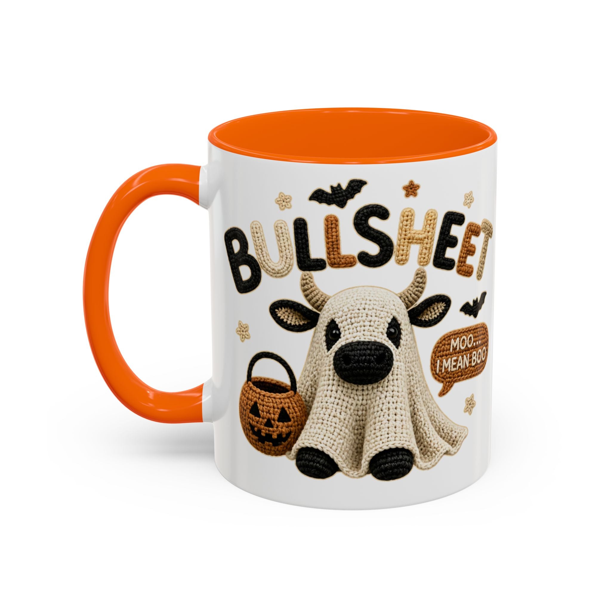 Bullsheet Faux Crochet Accent Coffee Mug — Cute Ghost Cow Trick-or-Treat Design (11oz)