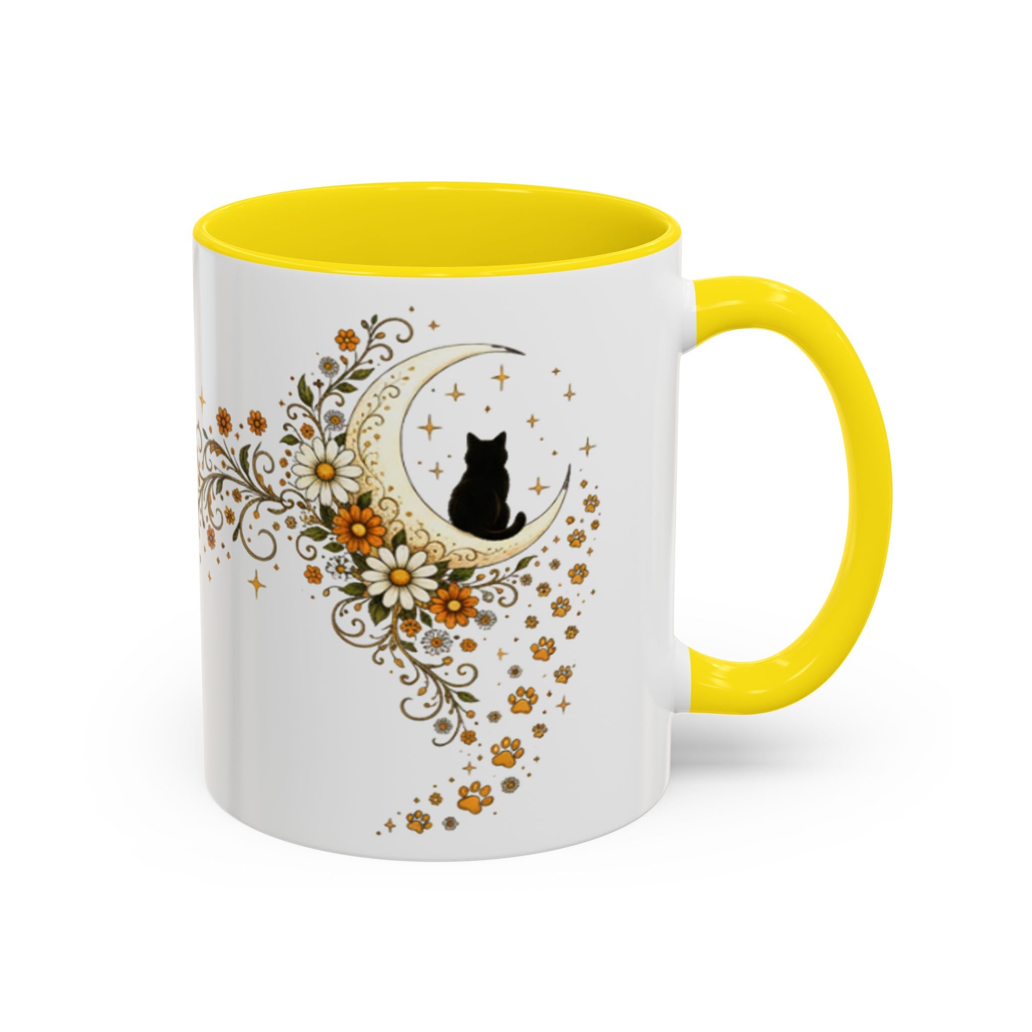 Purranormal Activity Accent Coffee Mug — Black Cat Crescent Moon Floral 11/15oz